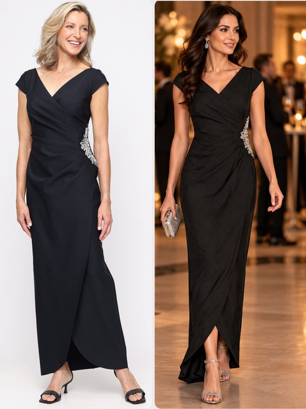 Alex Evenings Nicole Black Embellished Contour V-Neck Maxi Gown Dress NWOT $299